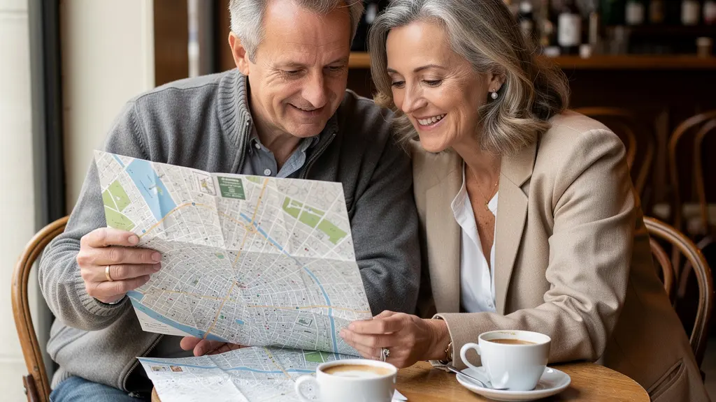 Couple mature planifiant un voyage dans un café parisien