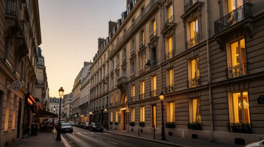 Façade élégante d'un hôtel parisien du 8ème arrondissement au crépuscule