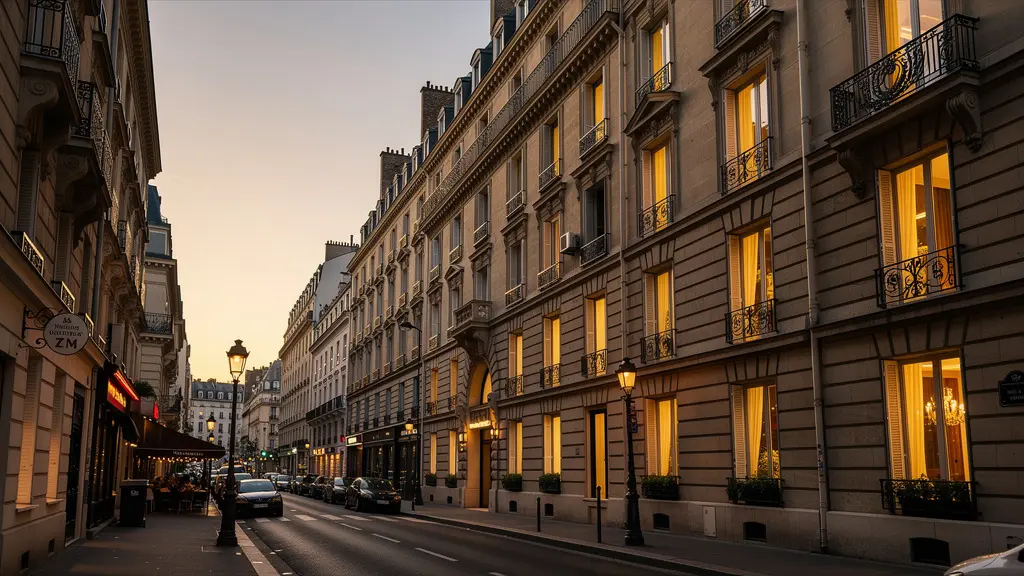 Façade élégante d'un hôtel parisien du 8ème arrondissement au crépuscule