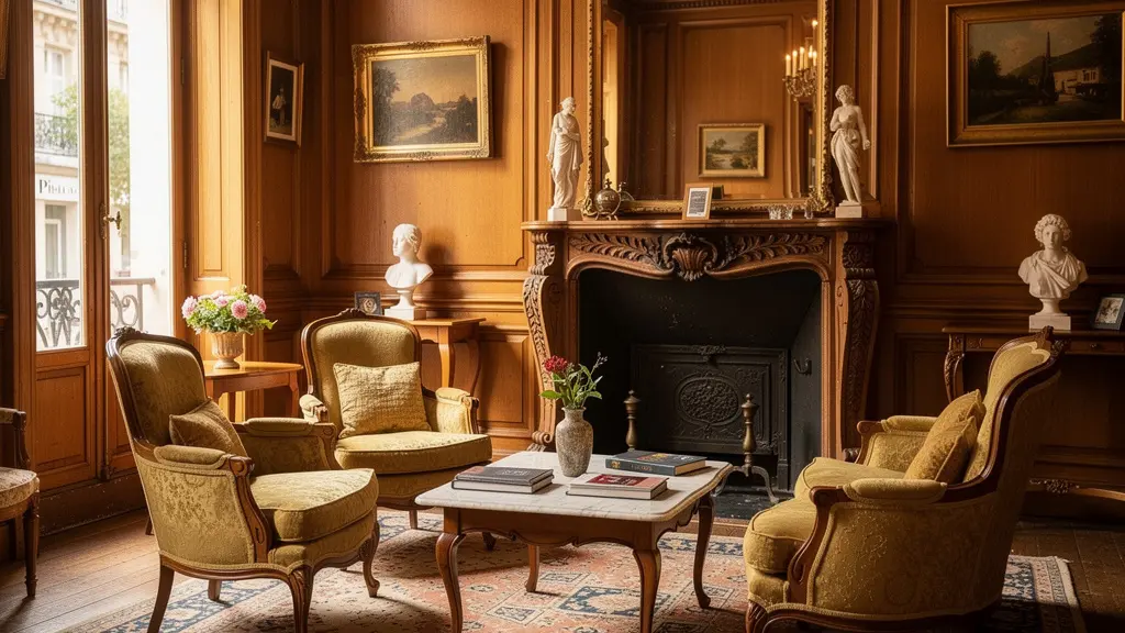 Salon intérieur d'un hôtel de charme parisien avec mobilier classique