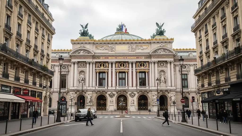 Vue sur l'Opéra Garnier depuis une rue du 8ème arrondissement parisien