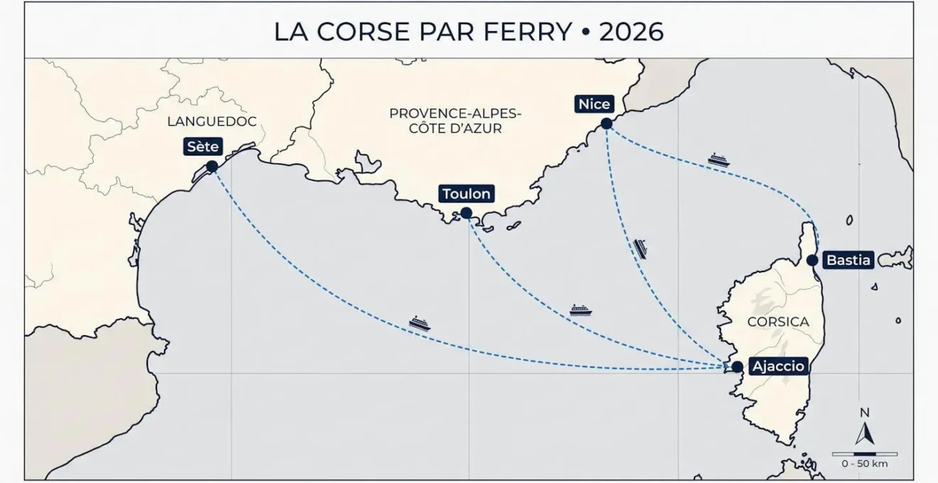 Carte épurée et contemporaine de la Méditerranée occidentale montrant les trajets symboliques entre les ports français et la Corse