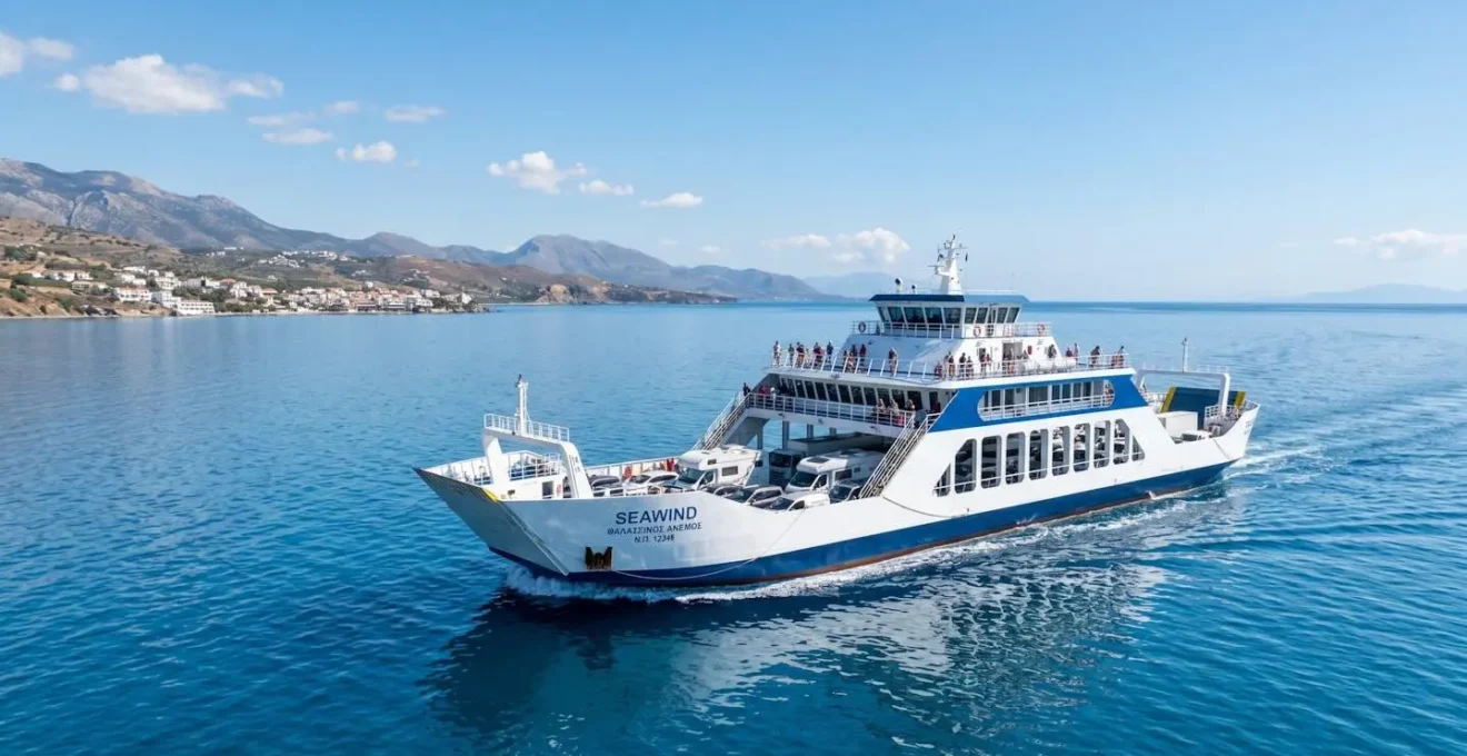 Un ferry Corsica Ferries navigue en pleine mer Méditerranée sous un ciel bleu dégagé, photographié de loin en pleine journée