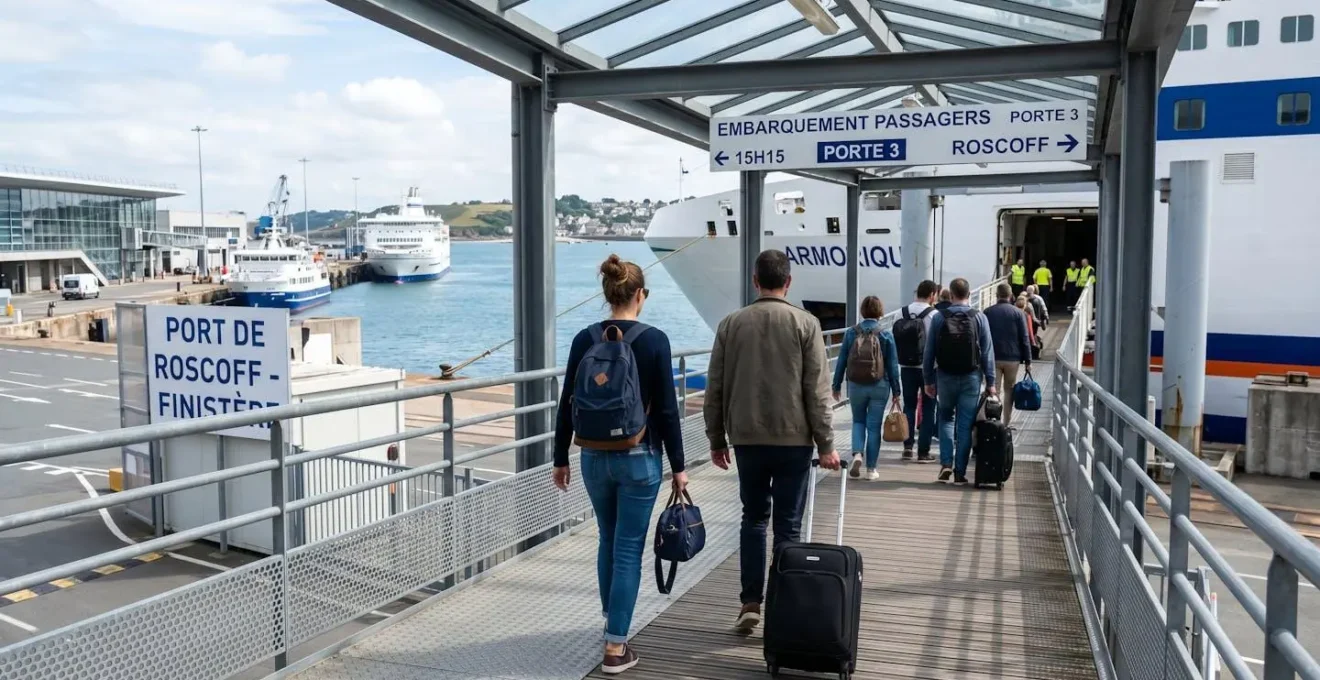 Des passagers vus de dos se dirigent vers la passerelle d'embarquement d'un ferry dans un port moderne sous la lumière naturelle du jour