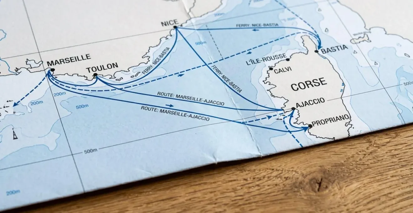 Vue rapprochée d'une carte maritime de la Méditerranée montrant les tracés de routes ferry entre la France continentale et la Corse