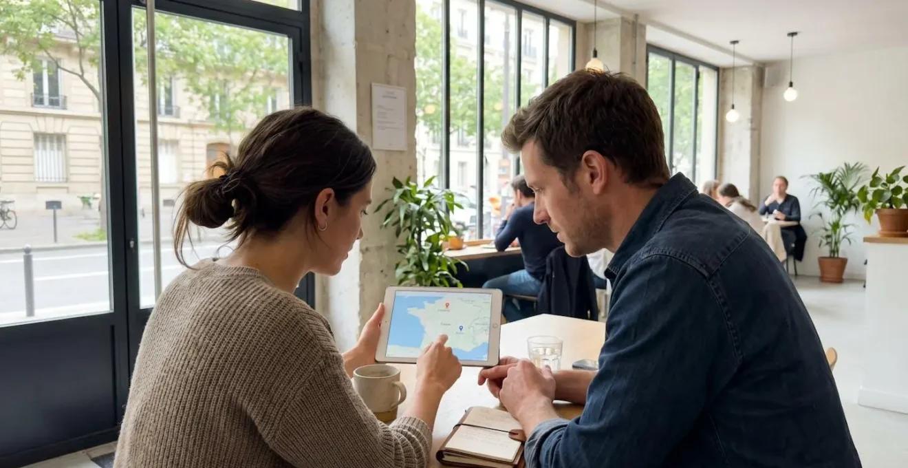 Un couple vu de dos consulte une tablette dans un café lumineux aux grandes baies vitrées pour organiser leur voyage