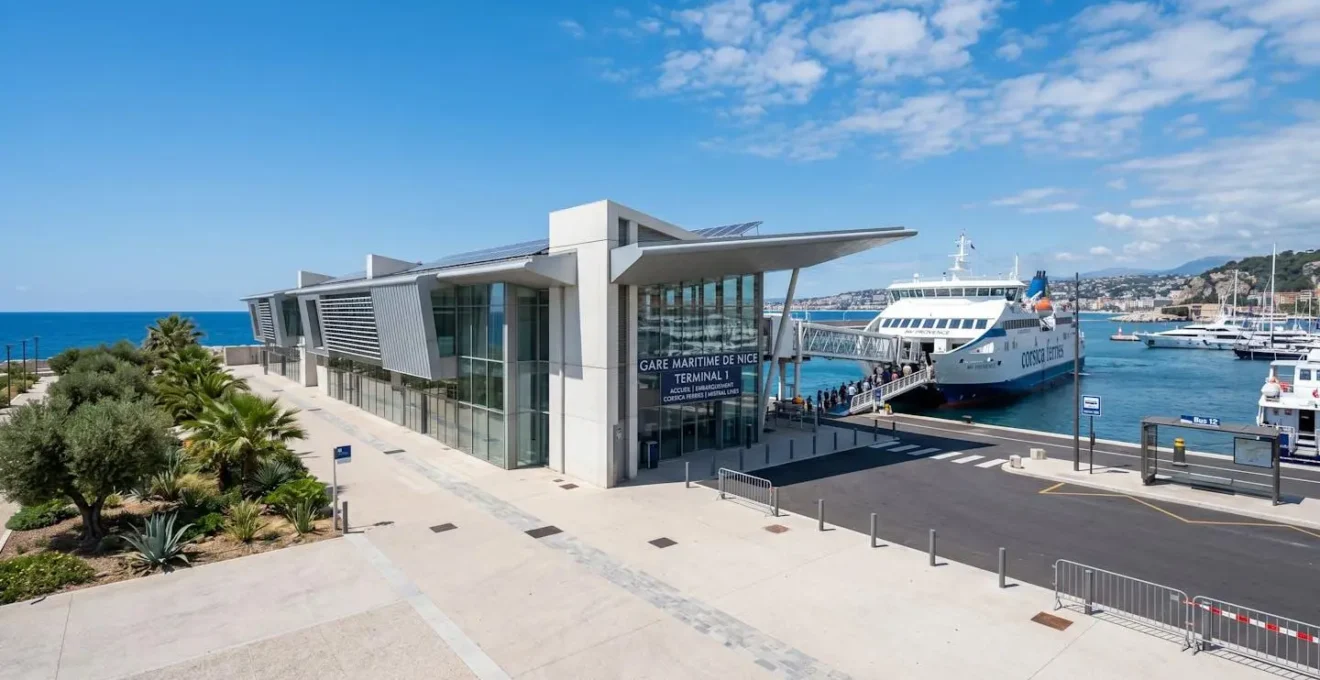 Vue extérieure grand angle d'un terminal ferry méditerranéen moderne avec architecture contemporaine, ciel bleu dégagé et lumière naturelle