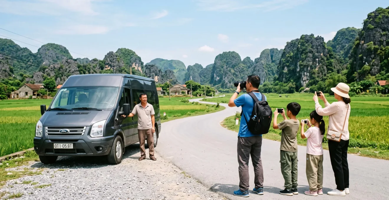 Famille de voyageurs français en pause photo spontanée devant un paysage de pitons karstiques au Vietnam, véhicule privatif et chauffeur local en attente bienveillante à proximité