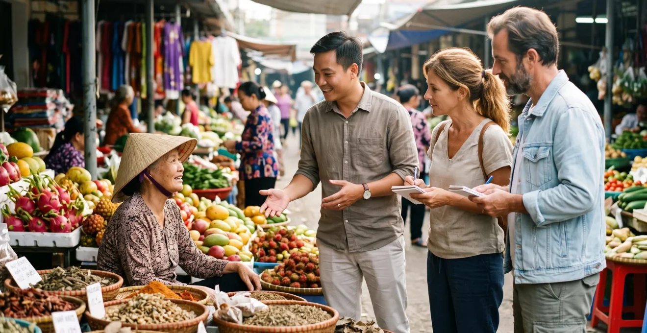 Guide vietnamien francophone en discussion avec une commerçante de marché local devant des étals colorés, couple de voyageurs français observant l'échange culturel avec attention