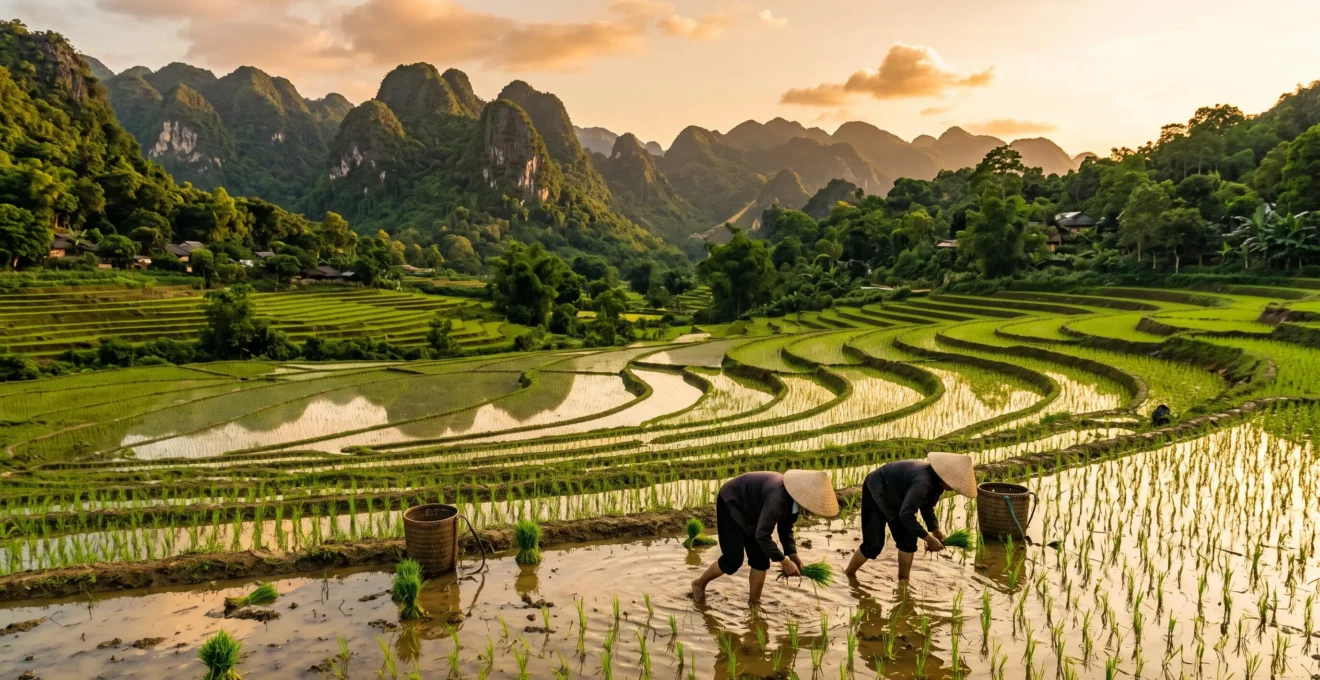 Rizières en terrasse verdoyantes de Pu Luong au Vietnam avec agriculteurs locaux portant le chapeau conique traditionnel travaillant dans les champs inondés, montagnes karstiques à l'arrière-plan sous lumière dorée
