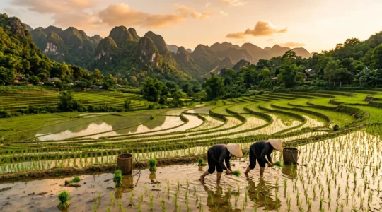Rizières en terrasse verdoyantes de Pu Luong au Vietnam avec agriculteurs locaux portant le chapeau conique traditionnel travaillant dans les champs inondés, montagnes karstiques à l'arrière-plan sous lumière dorée