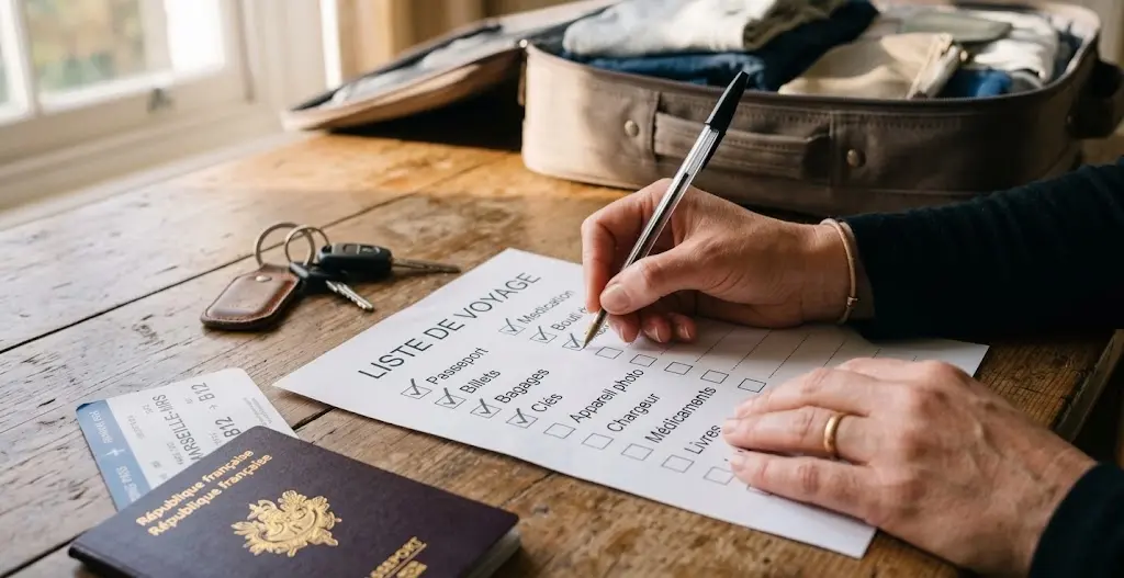 Des mains cochent une checklist de départ à côté d'une valise ouverte.