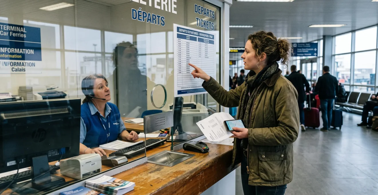 Une voyageuse interroge un agent au guichet d'une gare maritime française.